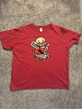 Ed Hardy Red Tee with Skull & Heart Graphic